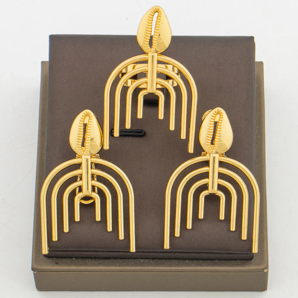 New Design Gold Color Earrings with Ring Jewelry Set for Party African Clip Earrings and Cocktail Ring 2Pcs Set for Weddings