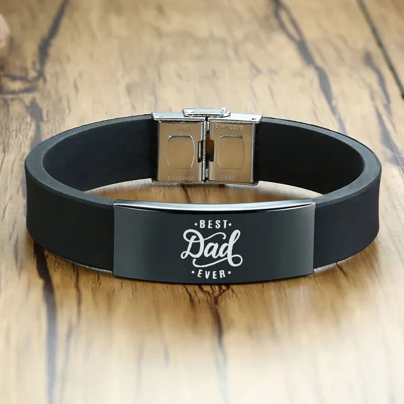 Vnox 16mm Father's Day Gift Bracelet,Black Rubber Silicone Bangle with Custom TO MY DAD Stainless Steel Bar,Men Casual Wristband
