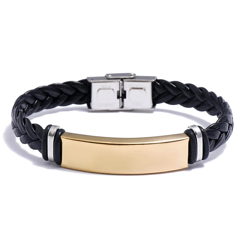 Custom logo Name Engrave Leather Bracelet Black Color customize Stainless Steel Bracelets For Women Men ID Bracelet