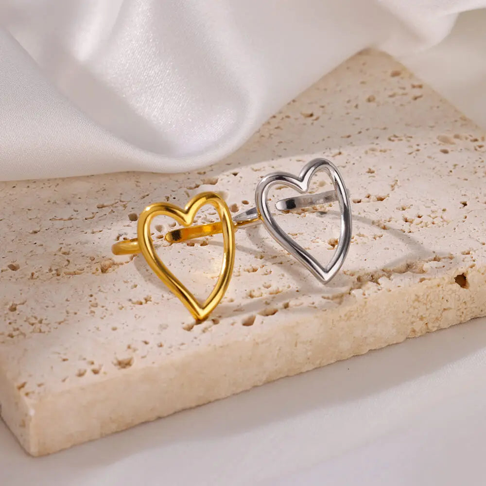Heart Minimalist Stainless Steel Rings For Women Gold Color Glossy Opening Aesthetic Heart Ring Wedding Party Jewelry Gift BFF