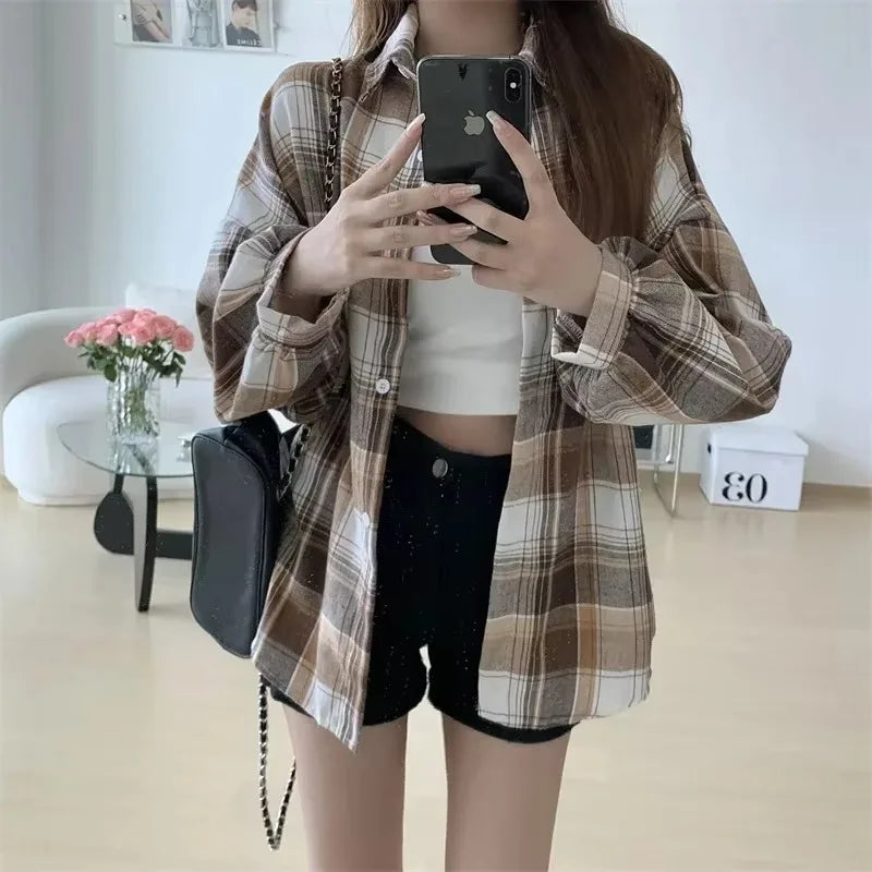 Plaid Shirt Women Fashion Autumn Long Sleeve Top Female Vintage Single Breasted Blouse Ladies Preppy Style Loose Check Shirts