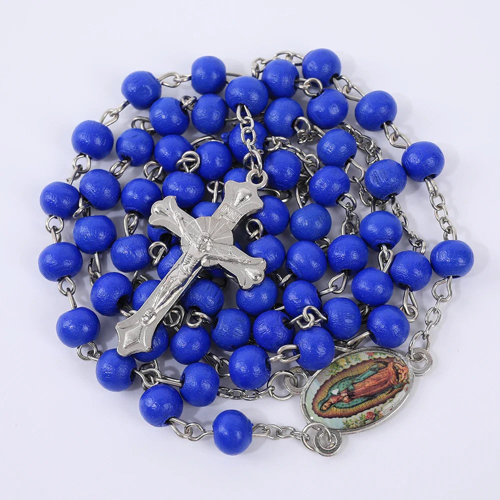 Blue Rosary Necklace For Women Men 6MM Wooden Prayer Beads Long Chain Religious Virgin Mary Cross Pendant Men Party Jewelry Gift