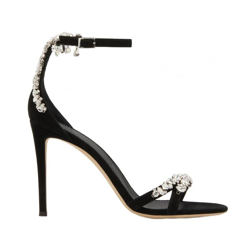 Black High Heels Women's Stiletto Heels Celebrity Style Versatile Slotted Buckle Rhinestone Open Toe Round Toe Sandals