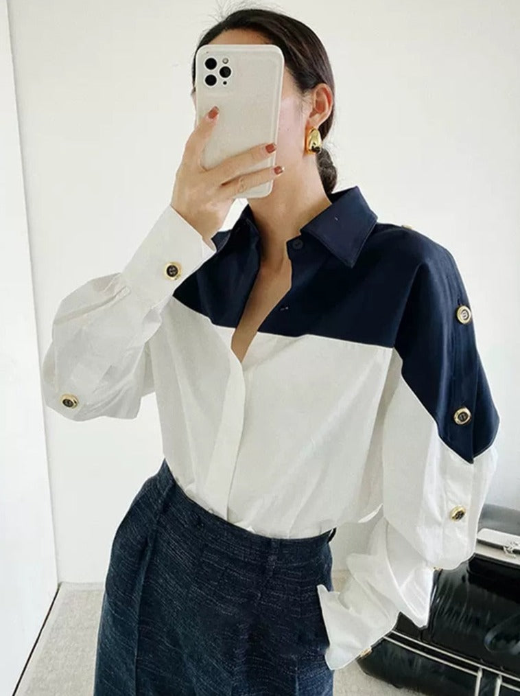 Patchwork Lapel Women Shirts Long Sleeve Single-breasted Loose Female Blouses