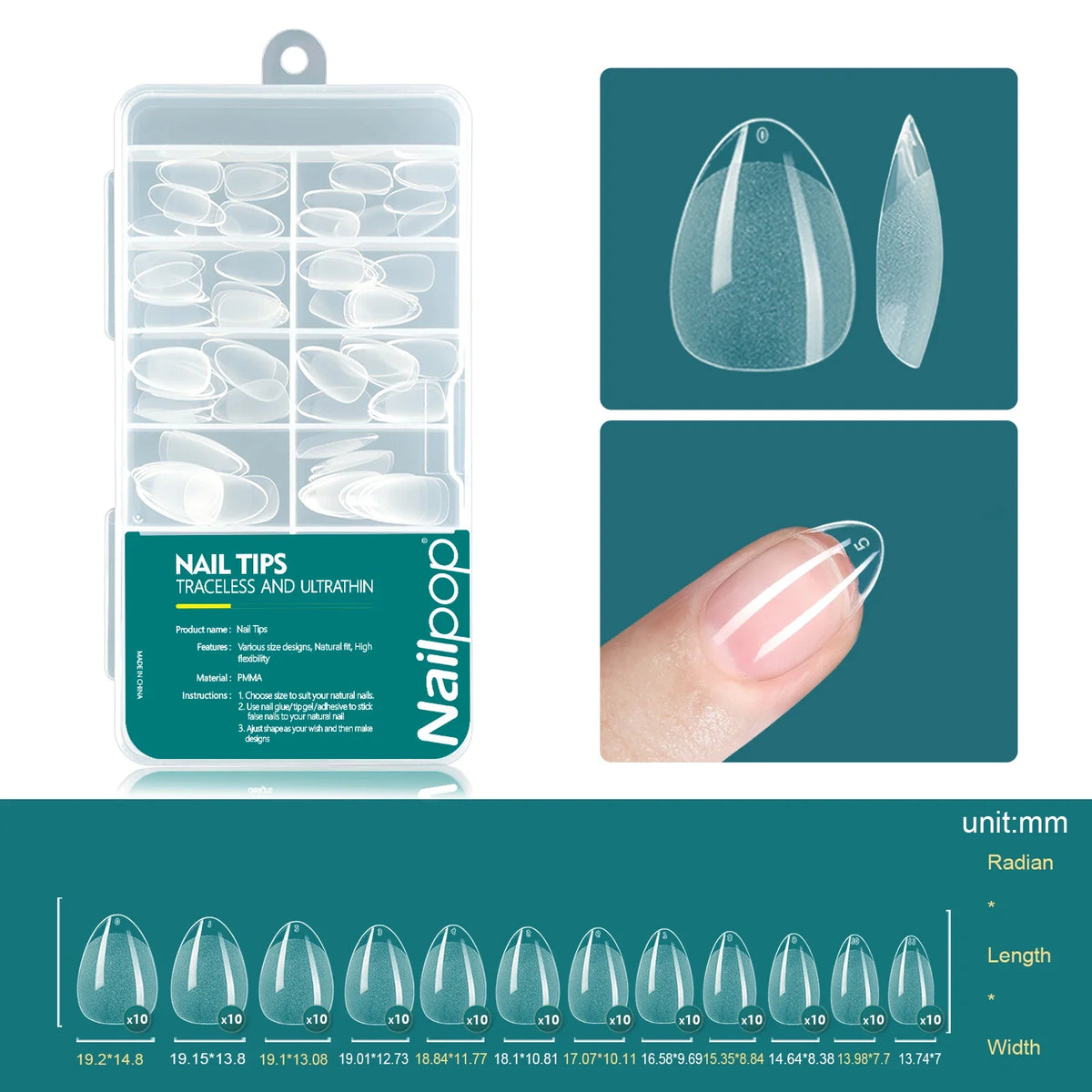Nailpop 120pcs/box Gel X Nail Tips Medium Short Shape Almond/Square/Soft Gel Nail Tips False Nails Soak Off Easy Nail Extensions