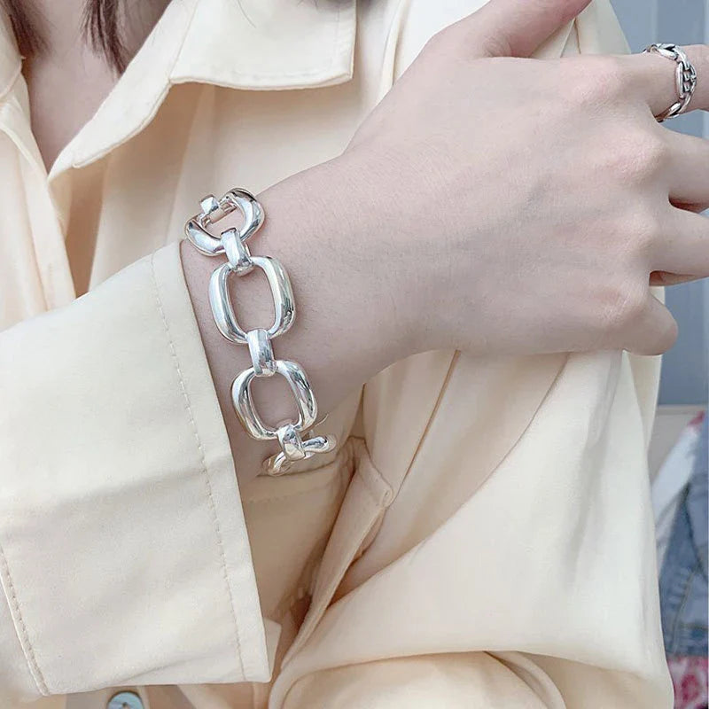 Sterling Silver plated Thai Silver Bracelet for Women Vintage Geometric Heart Love Lucky Punk Jewelry 2023 New Dropship