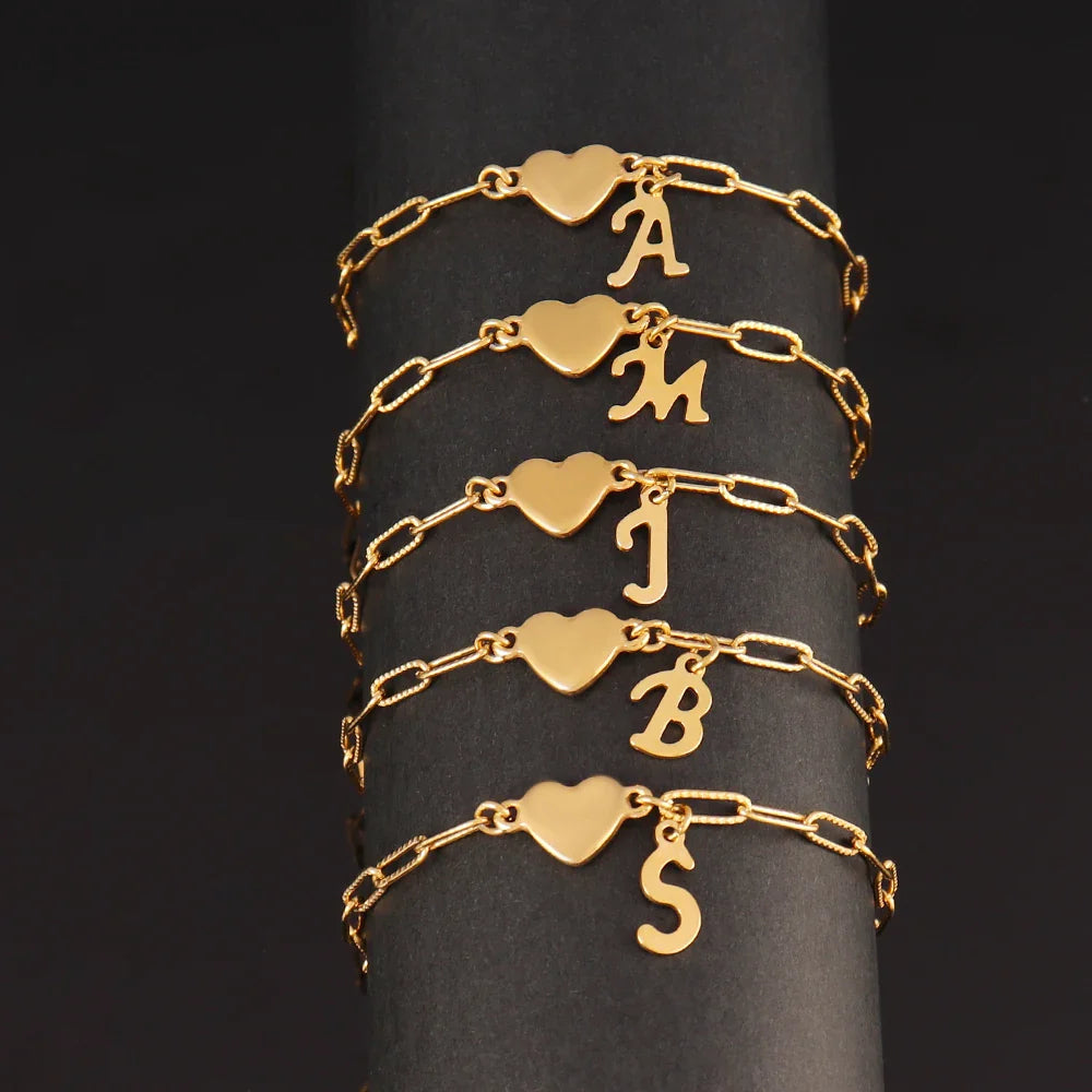 Stainless Steel 26 Letters English Initial Letter Heart Bracelet DIY Personalized Name Bracelets Women Anniversary Jewelry Gifts