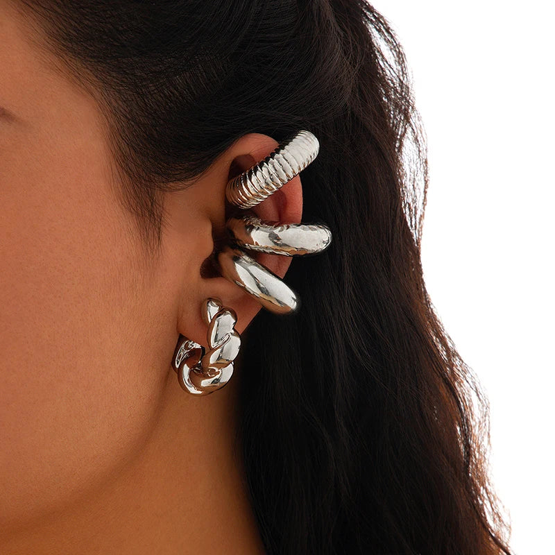Fashion 4pcs C Shaped Acrylic Ear Clip for Women Simple Gold Silver Color No Pierced Round Earrings Punk Female Jewelry