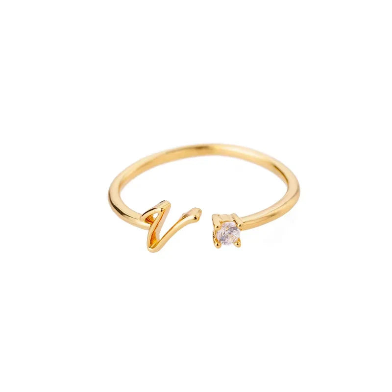 Zircon Initial Letter Ring for Women Stainless Steel Gold Color Alphabet Open Ring Trendy Wedding Birthday Aesthetic Jewelry