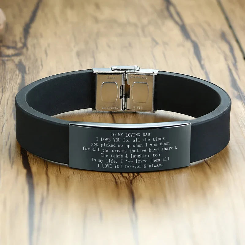 Vnox 16mm Father's Day Gift Bracelet,Black Rubber Silicone Bangle with Custom TO MY DAD Stainless Steel Bar,Men Casual Wristband