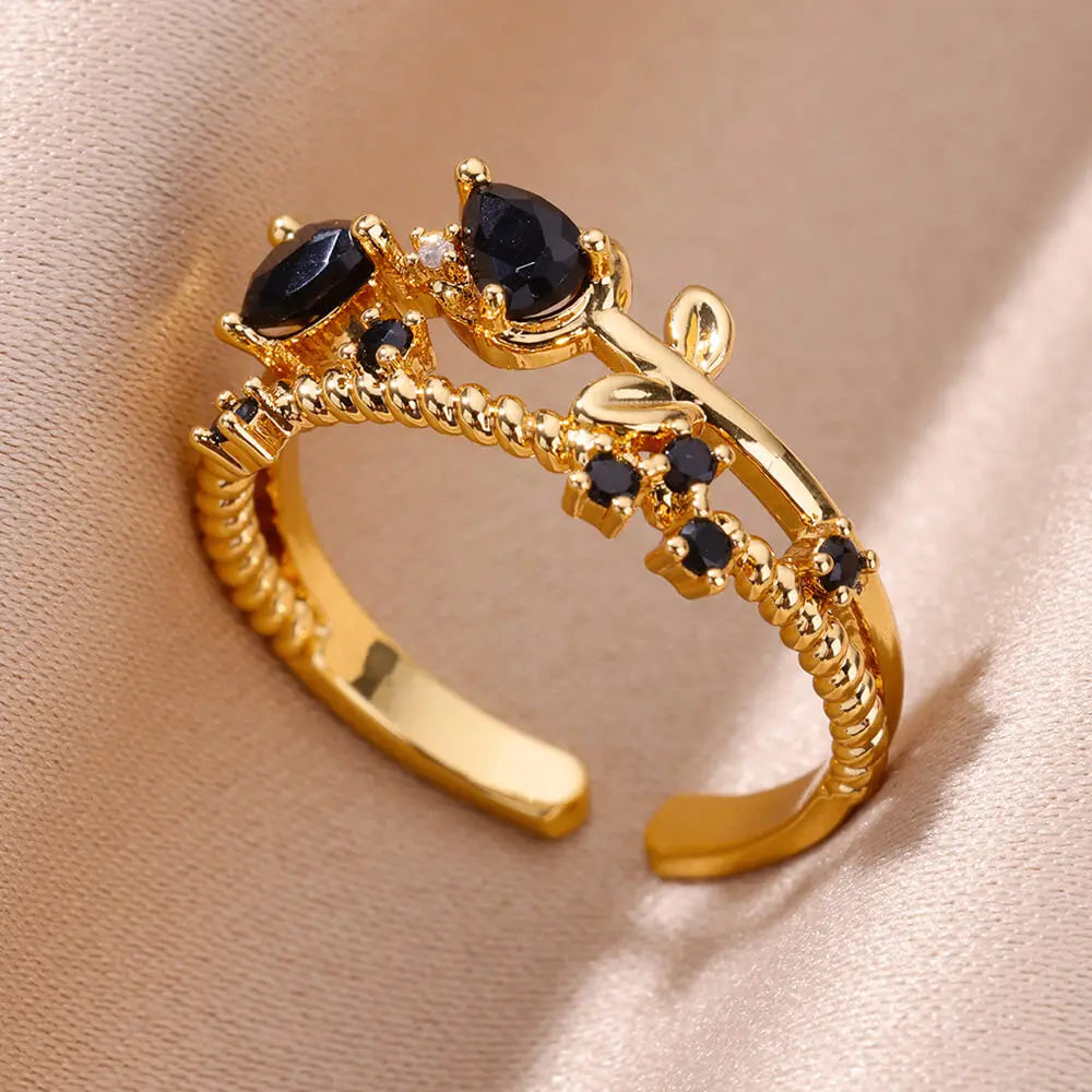 Gold Color Stainless Steel Ring for Women Colorful Cubic Zircon Heart Opening Adjustable Ring Fashion Jewelry Wedding Gift