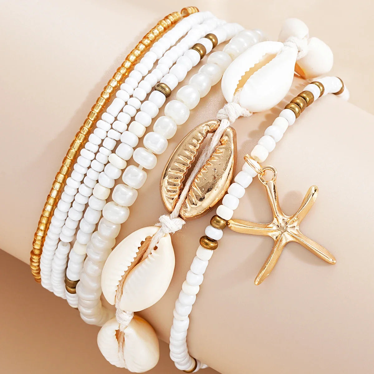 7pcs/set Bohemian Holiday Wind Shell Beaded Woven Bracelet Starfish Rice Beads Women's Bracelet Set Beach Party Seaside Holiday