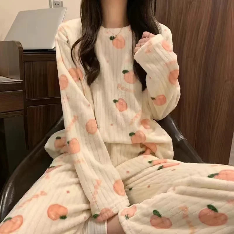 Thiened Long Sve Coral Fce Pajamas Women's Winter Home Clothes Set Cute Cartoon Print round Ne Spwear Set for Youth