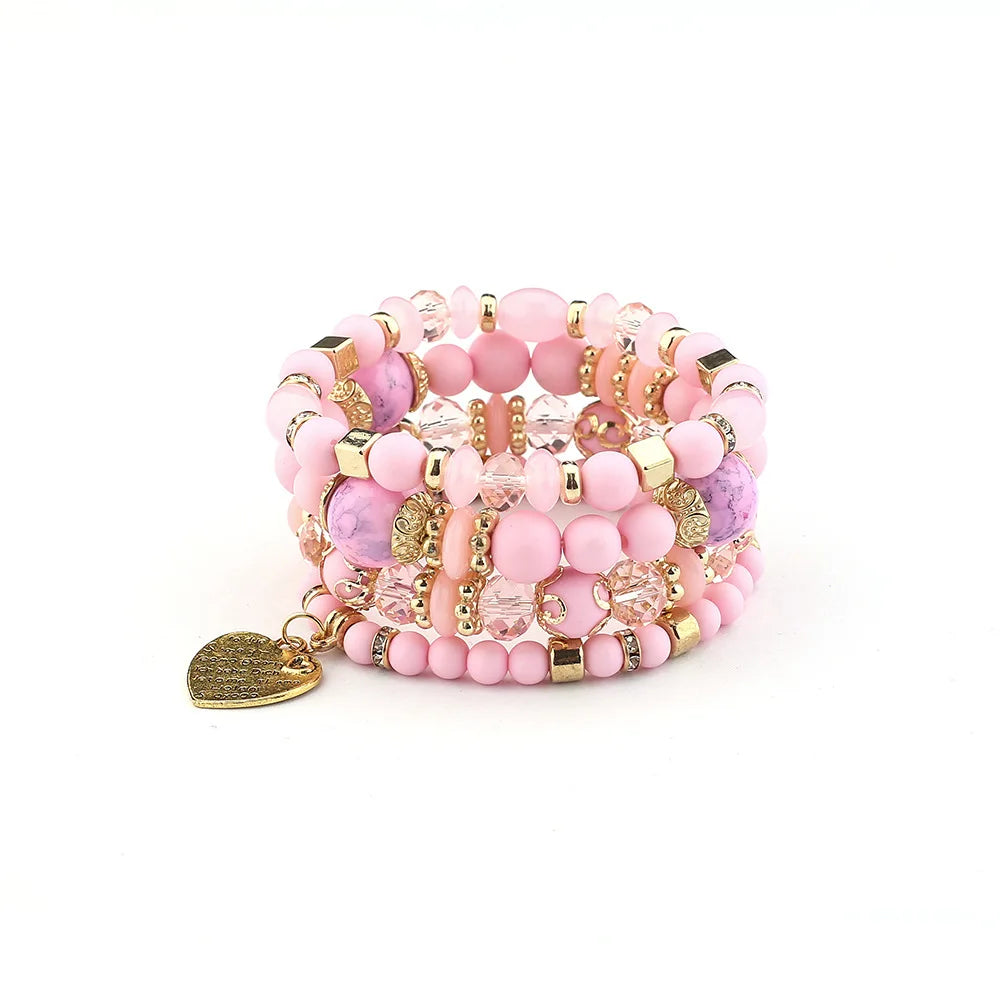 4Pcs Boho Crystal Beads Chain Bracelet Set For Women Vintage Heart Charm Elastic Bangle Female Fashion Party Jewelry