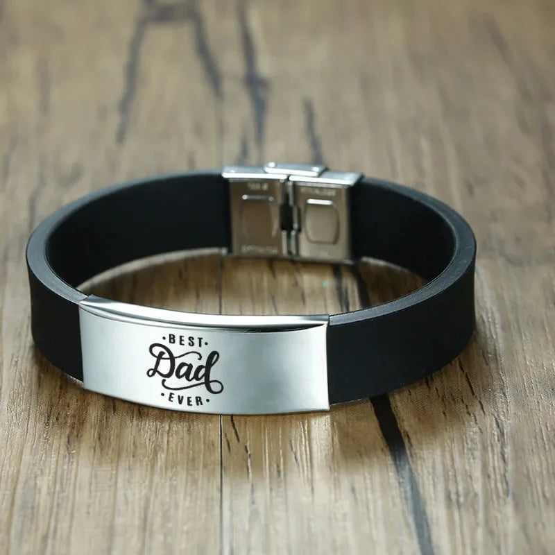 Vnox 16mm Father's Day Gift Bracelet,Black Rubber Silicone Bangle with Custom TO MY DAD Stainless Steel Bar,Men Casual Wristband