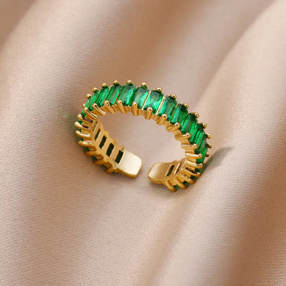 Tiny Green Zircon Round Rings For Women Geometric Stainless Steel Ring Luxury Wedding Christmas Jewelry Gift Free Shipping