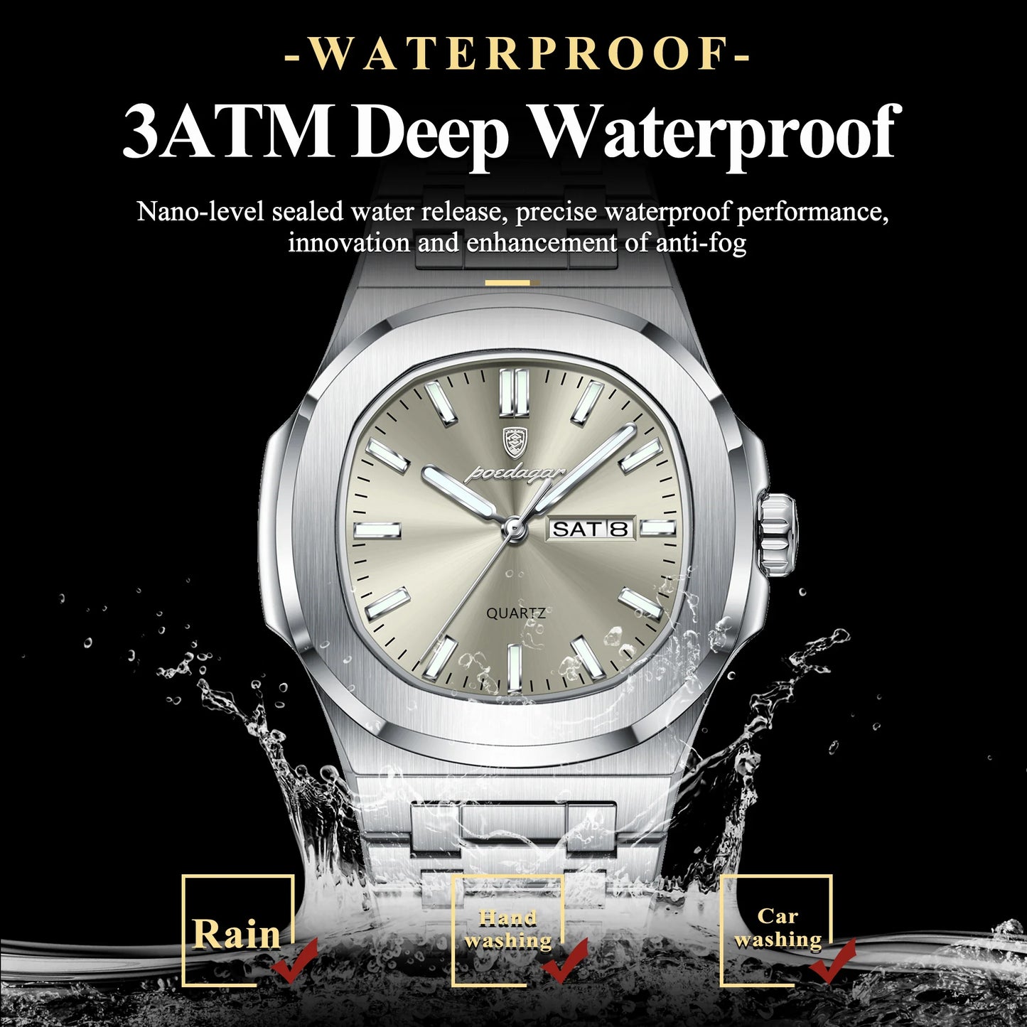 POEDAGAR Trendy Casual Wristwatch For Men Week Date Stainless Steel Man Watch Luminous Waterproof Luxury Quartz Men Watches+Box