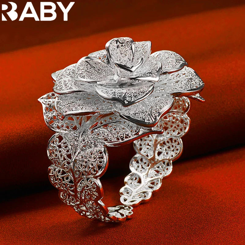 925 Sterling Silver Exquisite Pretty Camellia Flower Bracelet Bangles For Woman Charm Jewelry Wedding Engagement Fashion Party