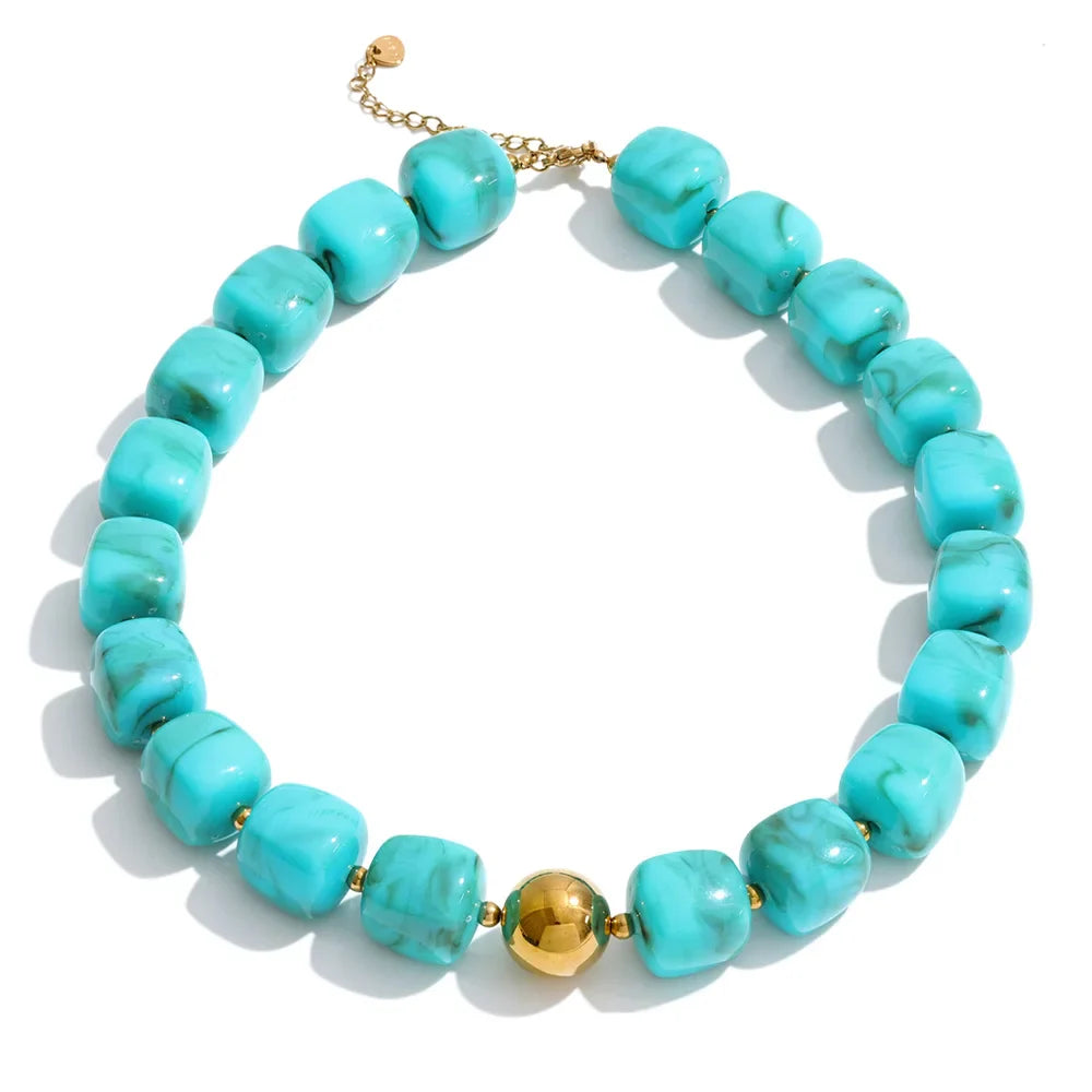 Yhpup Acrylic Square Beads Chain Necklace Bracelet Bangle Stainless Steel Handmade Jewelry Waterproof Green Khaki Pink Amber