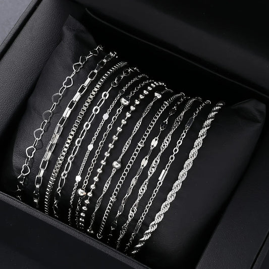 13Pcs/Set Stainless Steel Bracelet for Women, Silver Gold Color Multi Style Combination Chain, Waterproof Exquisite Jewelry Gift