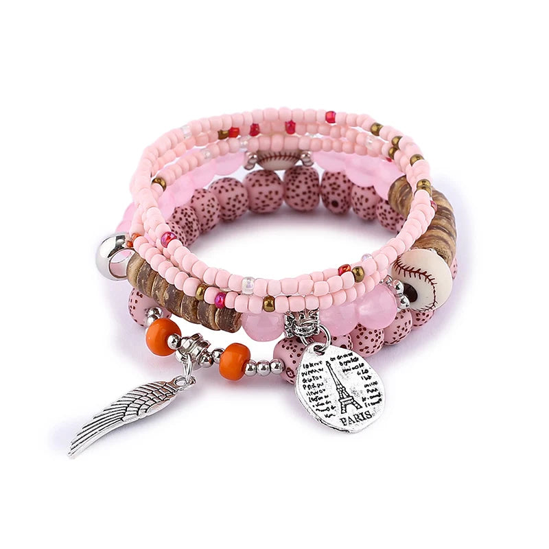 Boho Tree Of Life Bracelet Set For Women Fashion Tassels Charm Wooden Beads Elastic Chain Bangle Girl Trendy Party Jewelry