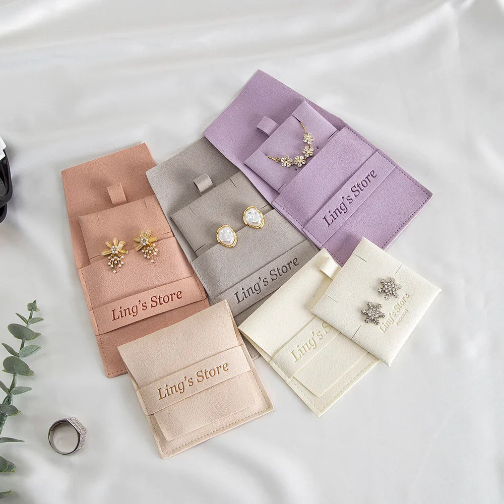 20/50/100pcs Personalized Logo Jewelry Microfiber Strip 8x8cm Bag Insert With 6x6cm Pad Card For Earrings Studs Necklace Pendant