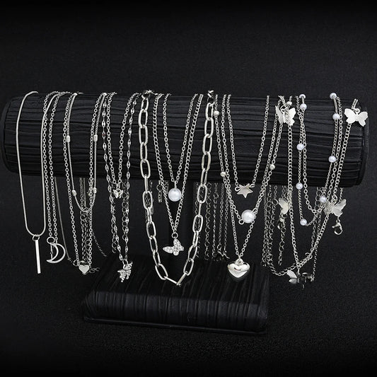 13Pcs/Set Simple Temperament Necklace Set Butterfly Pearl Heart Star Zircon Silver Color Necklace for Women Fashion Jewelry Gift