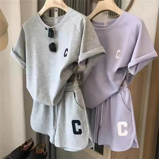 2 Piece Set Women Summer Sleepwear Loose Short Sleeve T-Shirt Casual Shorts Sports Print Letter Suit Large Size Short Pajamas