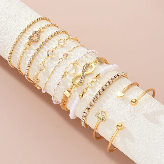 11 Pcs Boho Pearl Crystal Heart Infinity Sign Bracelets for Women Vintage Elegant Gold Color Bracelets Sets New Vacation Jewelry