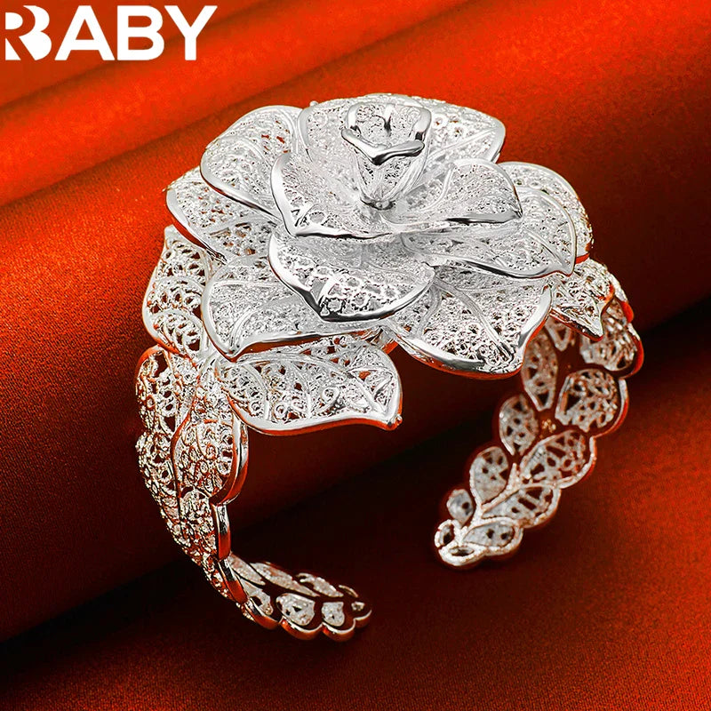 925 Sterling Silver Exquisite Pretty Camellia Flower Bracelet Bangles For Woman Charm Jewelry Wedding Engagement Fashion Party