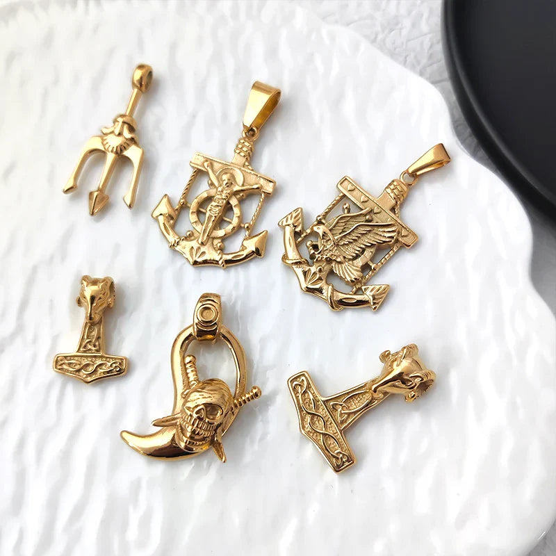 Fashion 18K Gold Plated Greek Mythology Poseidon Trident Pendant Stainless Steel Vintage Roman God Neptune Men's Charm Pendant