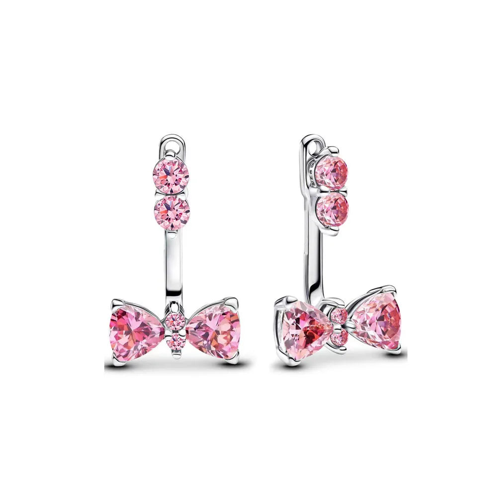 European New 925 Silver White Pink Stone Red Bow Stud Earrings, Fit Women's Festival Exquisite Charm Jewelry Gifts