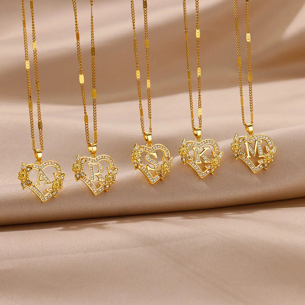 Zircon Flower Initials Necklaces For Women Stainless Steel Heart Gold Color Letter Chain Collar 2025 New Trend Wedding Jewelry