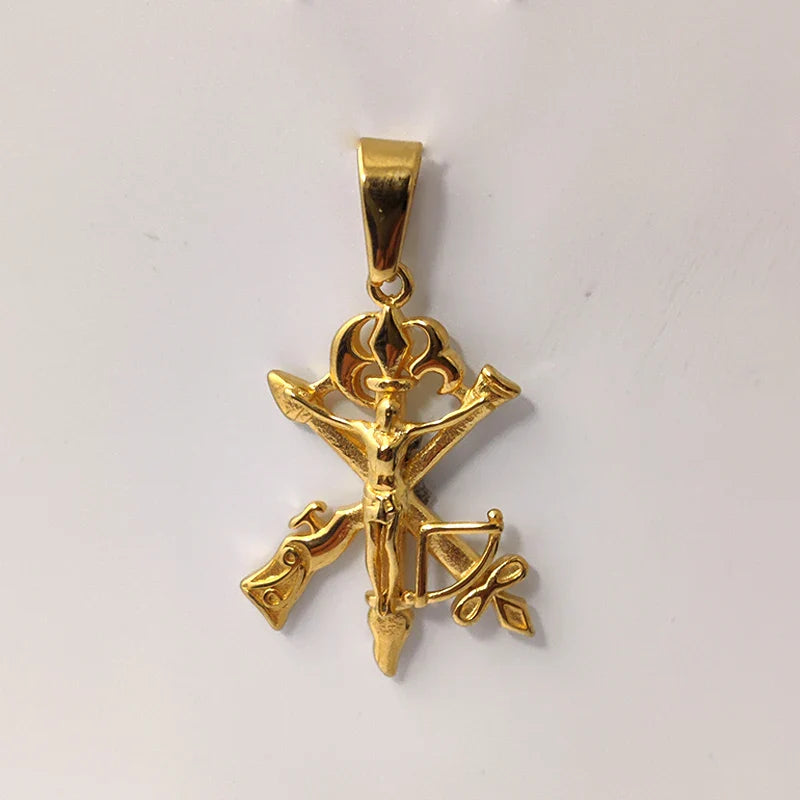 Trendy Jesus Cross Necklace - 18K Gold Plated Stainless Steel, Gun & Arrow Design for Men, Waterproof Religious Jewelry Gift