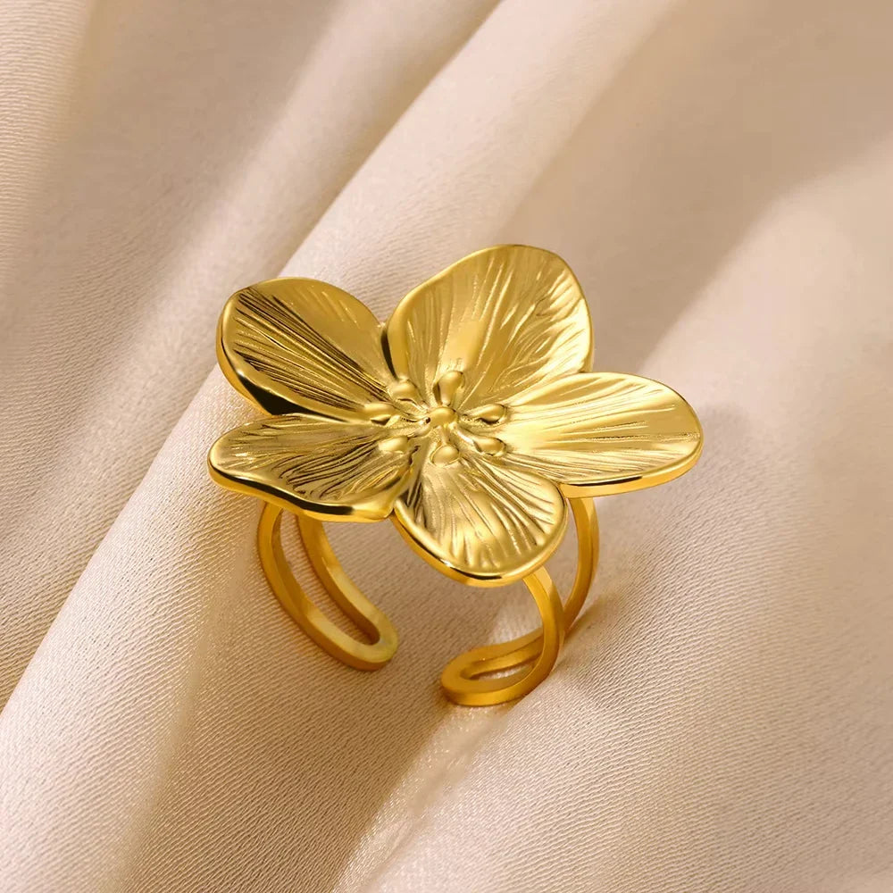 Stainless Steel Flower Big Open Rings For Women Gold Color Imitation Pearl Hollow Out Ring Trendy Aesthetic Jewerly Gifts