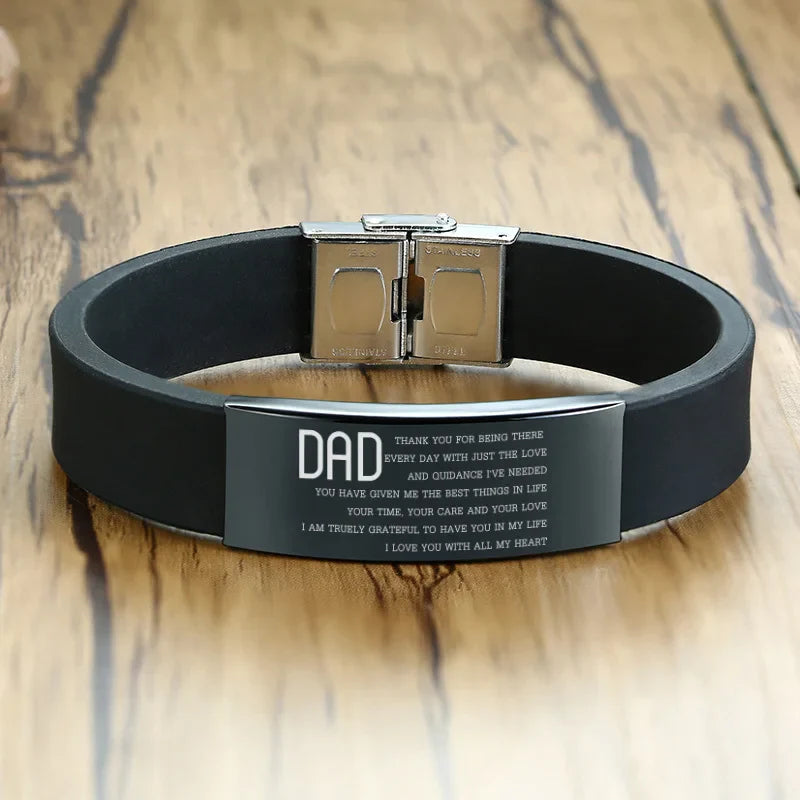 Vnox 16mm Father's Day Gift Bracelet,Black Rubber Silicone Bangle with Custom TO MY DAD Stainless Steel Bar,Men Casual Wristband