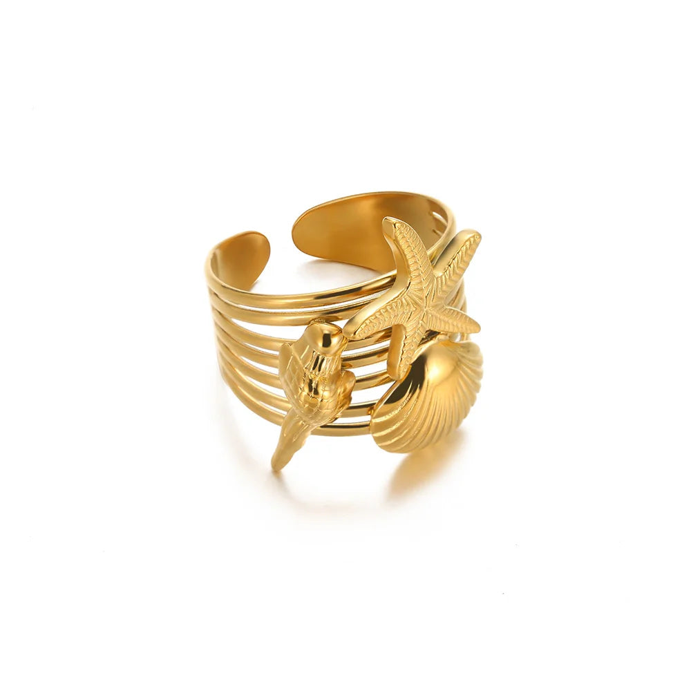 316L Stainless Steel Starfish Shell Rings for Women Gold Color Open Finger Ring Femme Trendy Summer Vacation Ocean Jewelry Gift