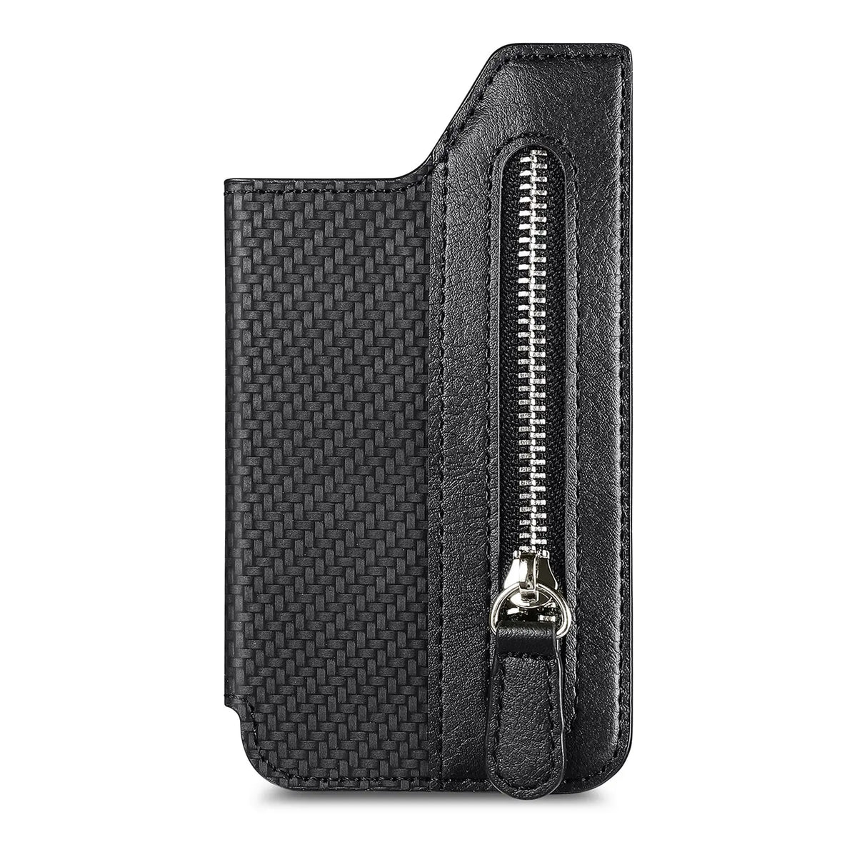 Phone Case Card Holder With Fiber Pattern PU Leather Back Sticker Card Bag Zipper Wallet Universal Desktop Support Bracket