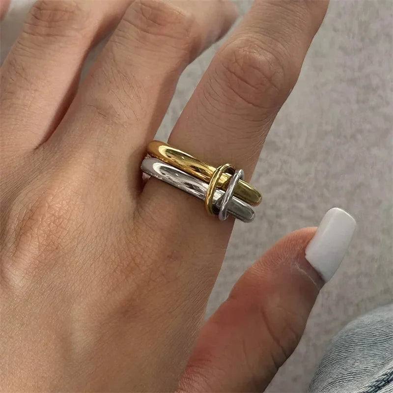 A Niche Two-Color Four-Ring Copper Jewelry Ring, Hypoallergenic, Ins Style, Stacking Artifact, Suitable For Young Wome Jewelry