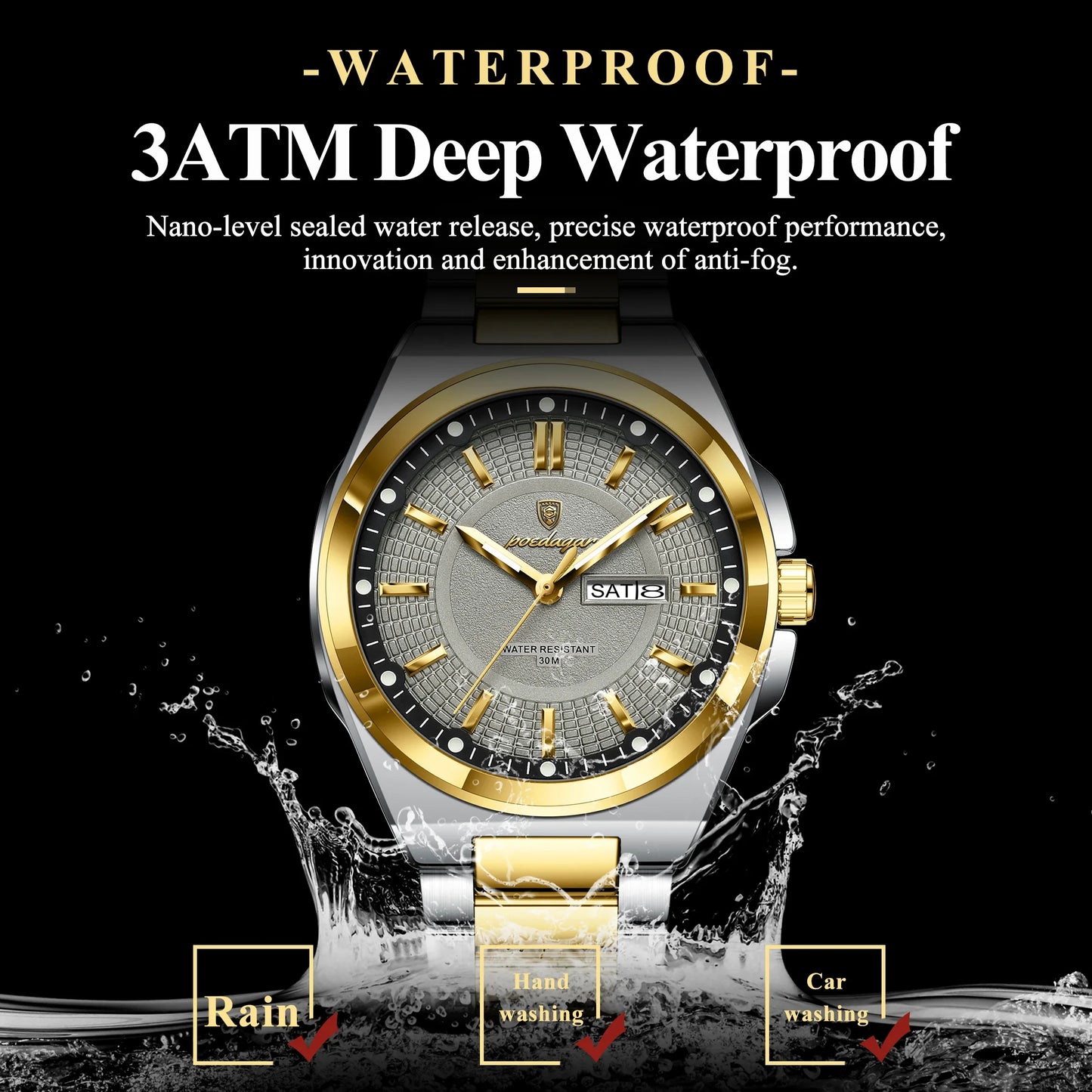 POEDAGAR Top Original Men's Watches Stainless Steel Waterproof Luminous Man Watch Date Week Classic Trendy Quartz Men Wristwatch