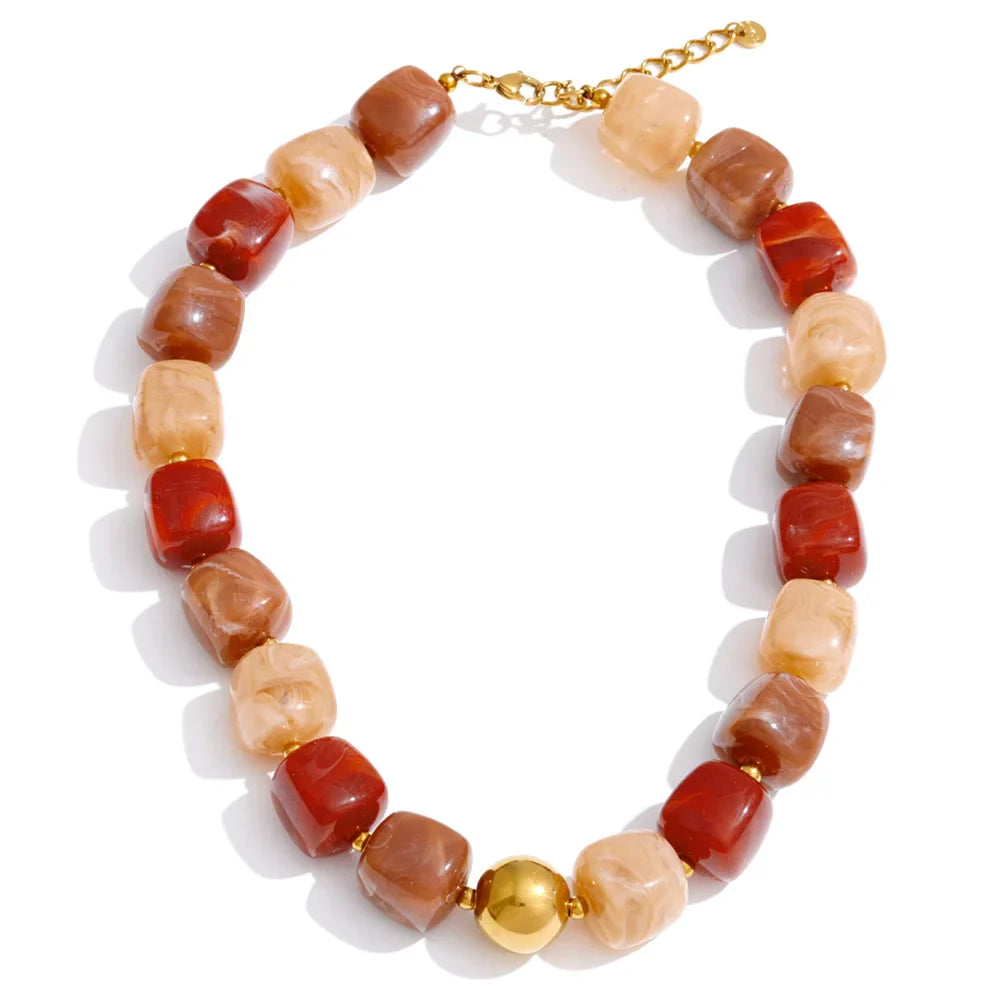 Yhpup Acrylic Square Beads Chain Necklace Bracelet Bangle Stainless Steel Handmade Jewelry Waterproof Green Khaki Pink Amber