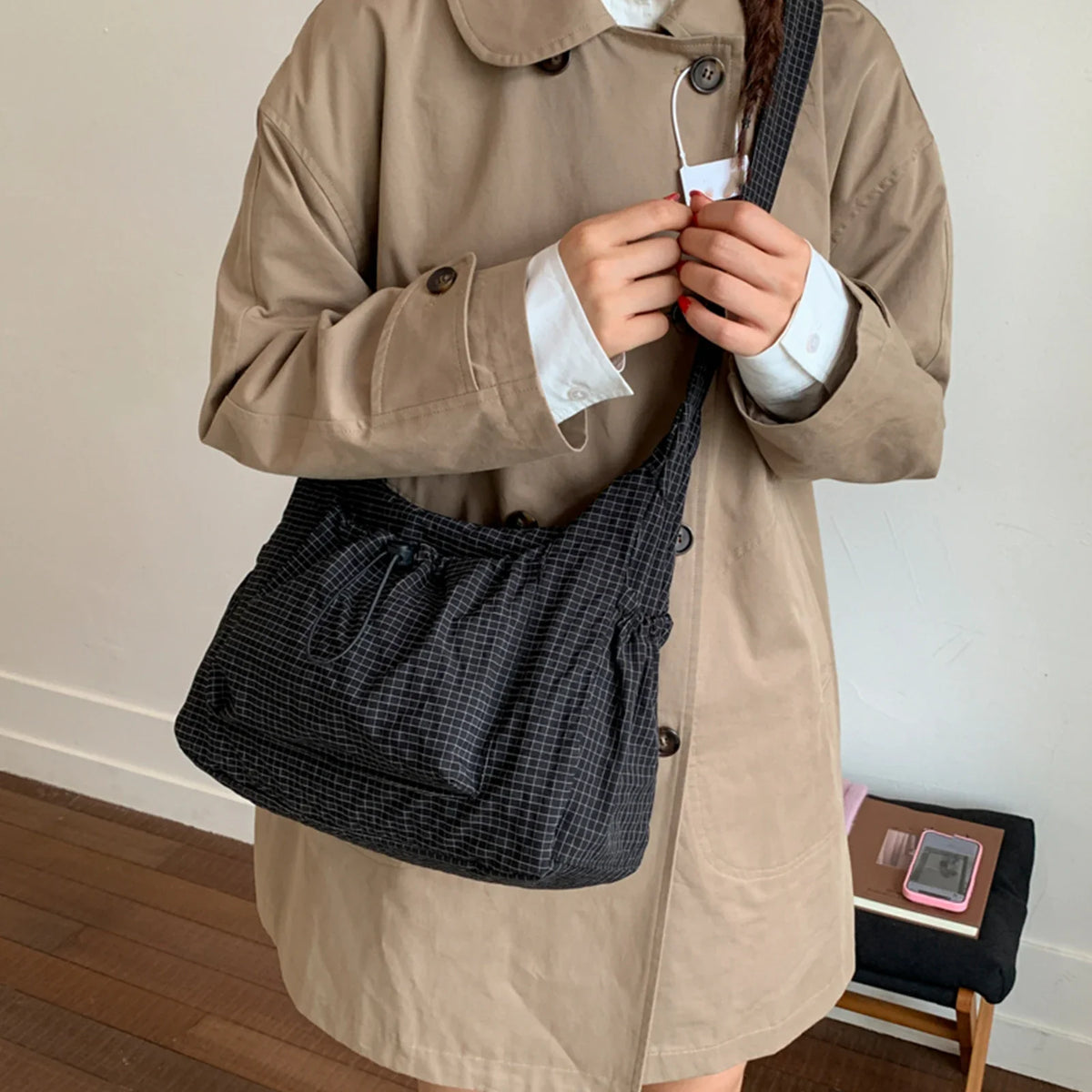 Women Checkered Sling Bag Nylon Pleated Cloud Shoulder Bag Large Capacity Stylish Plaid Tote Bag Shopping Date Handbag