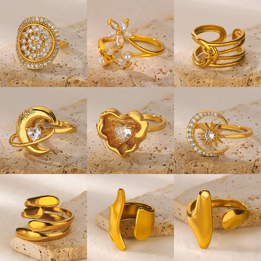 Gold Color Stainless Steel Geometric Rings for Women Zircon Heart Sun Moon Open Ring Fashion Aesthetic Jewelry Wedding Gift