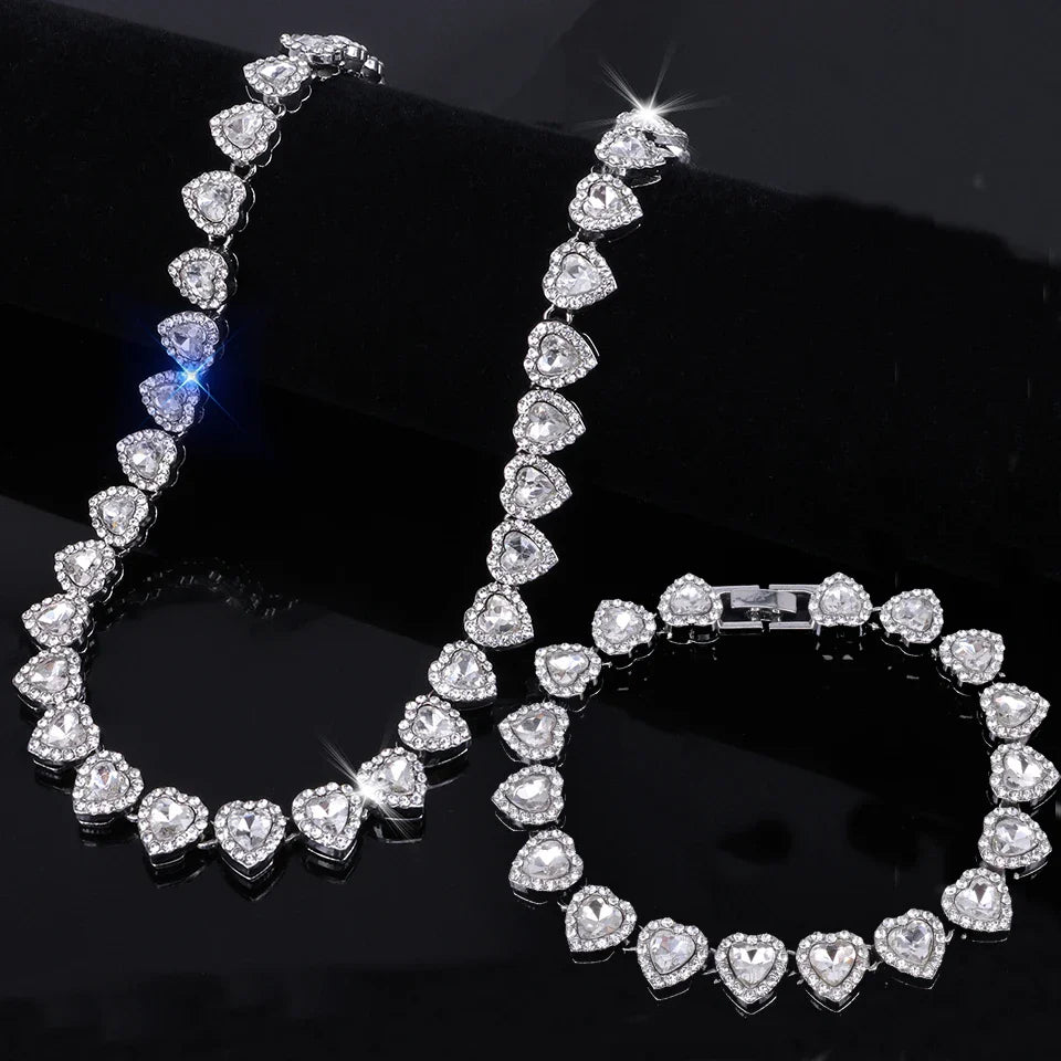 Yupsk 45CM/20CM Shiny Heart Rhinestone Hip Hop Rock Tennis Chain Bracelet Necklace for Women Men Trendy Jewelry Set Gift