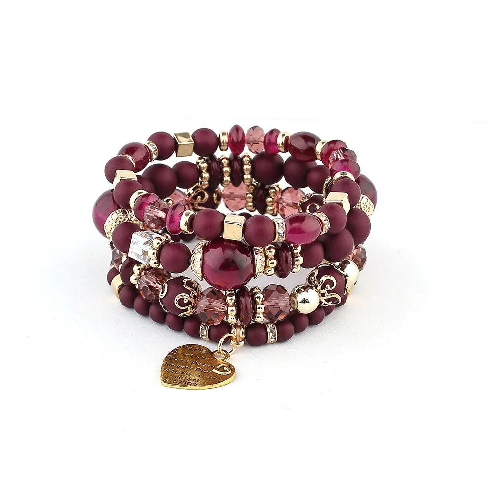 4Pcs Boho Crystal Beads Chain Bracelet Set For Women Vintage Heart Charm Elastic Bangle Female Fashion Party Jewelry