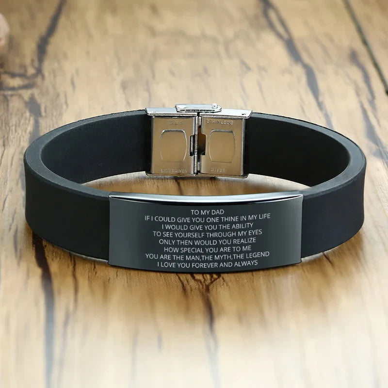 Vnox 16mm Father's Day Gift Bracelet,Black Rubber Silicone Bangle with Custom TO MY DAD Stainless Steel Bar,Men Casual Wristband