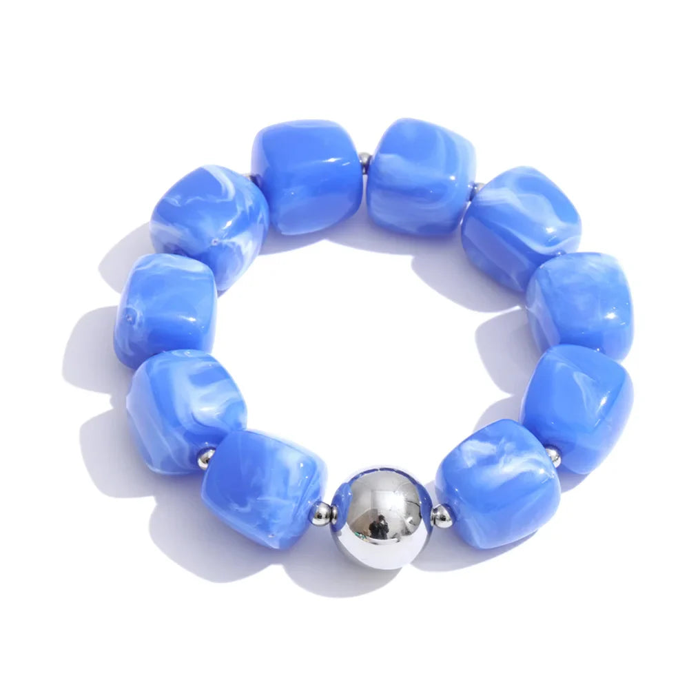 Yhpup Acrylic Square Beads Chain Necklace Bracelet Bangle Stainless Steel Handmade Jewelry Waterproof Green Khaki Pink Amber