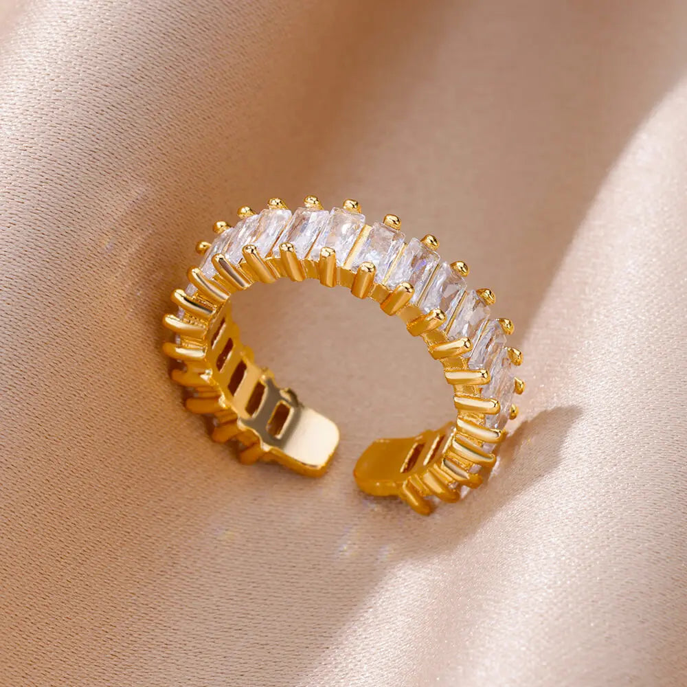 Gold Color Cubic Zircon Rings For Women Open Stainless Steel Green Luxury Crystal Finger Ring Boho Jewelry Wedding Party Gift