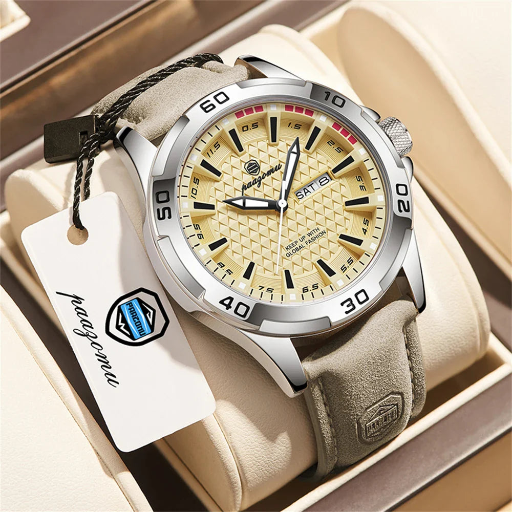PAAZOMU Original Man Wristwatch Top Luxury Waterproof Luminous Date Week Watch For Men Quartz Sport Leather Men's Watches Reloj