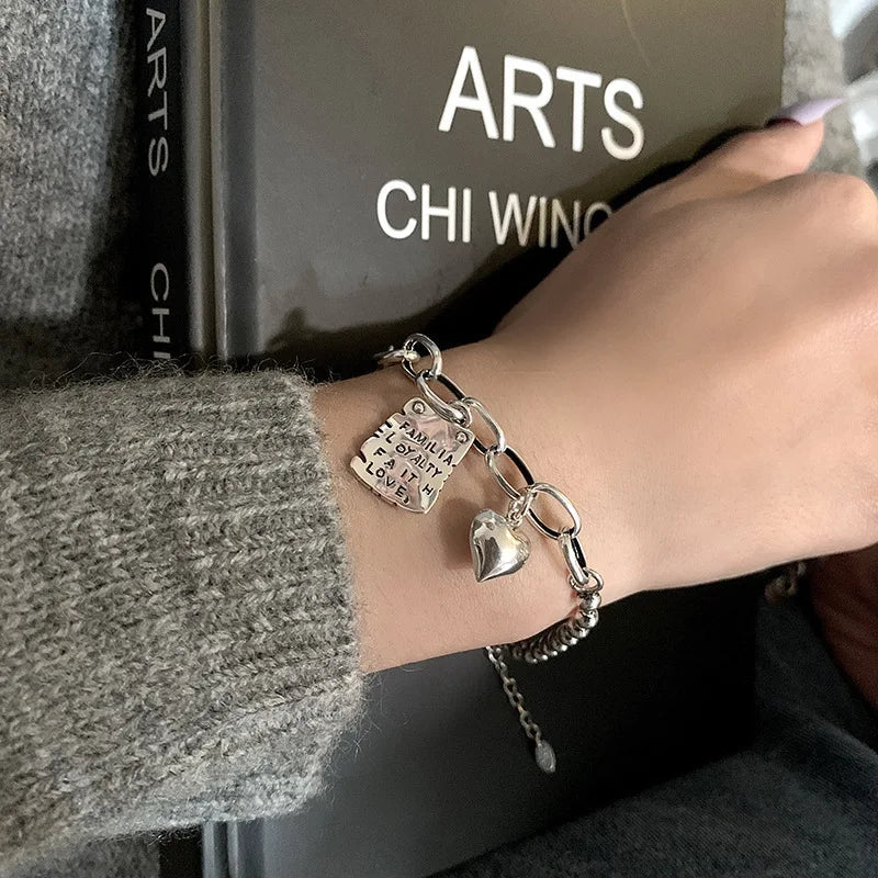 Sterling Silver plated Thai Silver Bracelet for Women Vintage Geometric Heart Love Lucky Punk Jewelry 2023 New Dropship
